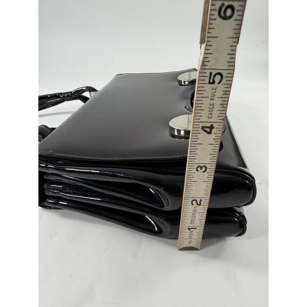 Crown Lewis Black Patent Leather Top Handle Bag Silver Hardware Dark Academia